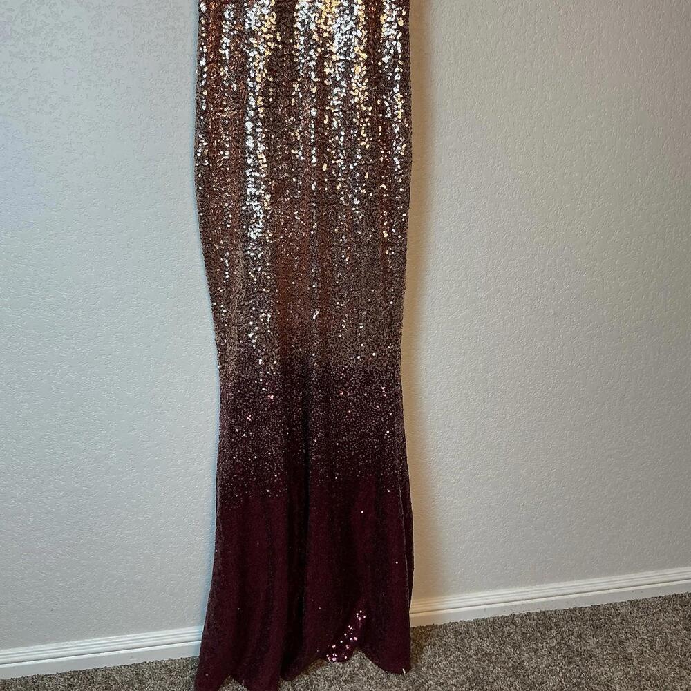 Lulus gown Gold/Maroon Formal Dress Glittery Floor Length Sequin body con Flare - Picture 3 of 5